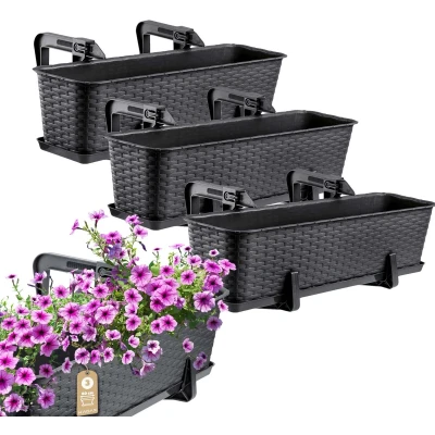 Afbeelding van KADAX Bloembakset, balkonbak van kunststof, plantenbak voor bloemen en kruiden, duurzame balkonpot, balkon, 60 cm, set 3, antraciet