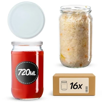 Afbeelding van KADAX Weckpotten, 720 ml, inmaakpotten voor schroefdeksel, jampot, voorraadpot, conservenglas, ronde potten (wit/16 stuks)