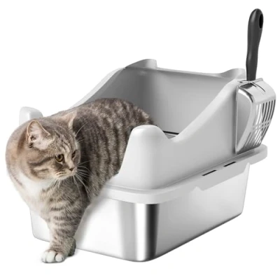 Afbeelding van PawHut Kattenbak van roestvrij staal, kattenbak, hoogzijdig met metalen kattenbakschep, absorbeert nooit geuren, anti lekkage en gemakkelijk schoon te maken, 43 x 33 25 cm, grijs