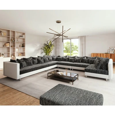 Afbeelding van Bank Clovis XXL wit zwart met hocker woonlandschap Ottomane links