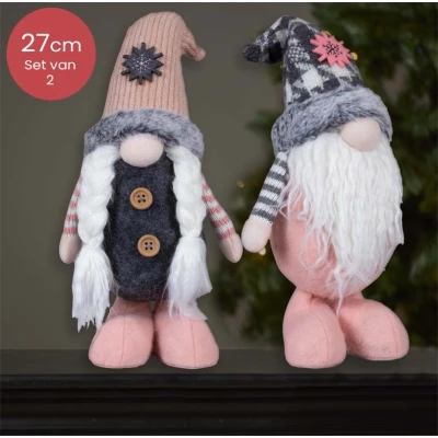 Afbeelding van Roze handgemaakt Gnomen duo met een beige of grijs kleurige muts 27(37)cm