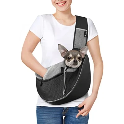 Afbeelding van Pawaboo Dog Sling Carrier, Papoose with Zipper Touch Pocket, Hand Free Breathable Mesh Puppy Crossbody Satchel Purse Adjustable Strap for Outdoor Travel, Black, Small