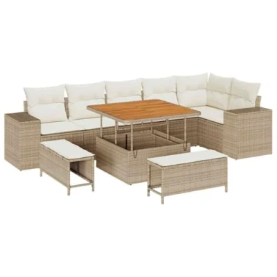 Afbeelding van vidaXL 9 Delige Tuin Sofa Set Met Kussens Beige Poly Rattan Acacia