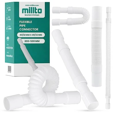 Afbeelding van Millto™ Flexibele afvoerbuis, 40/32 mm, wit, polypropyleen aansluiting, universele verbindingsslang, geschikt voor alle configuraties, verstelbaar
