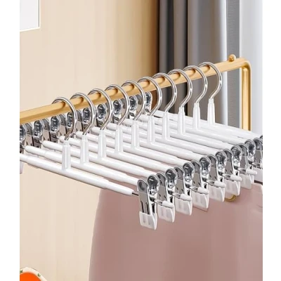 Afbeelding van kleerhangers, 10 stuks, 30 cm, broekhanger van metaal, broekhangers ruimtebesparend, kleerhangers met anti slip klemmen, rokken, kledinghangers antislip clips, wit