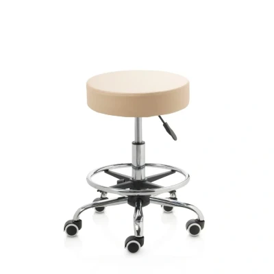 Afbeelding van Tabouret met voetring op harde wieltjes chroom frame middelhoge gasveer beige ZenGrowth