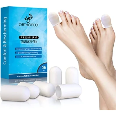 Afbeelding van ORTHOPEO Premium teenbescherming, grote teenkap, van siliconen, voor heren en dames, set 6 tenen, tegen blaasvorming eelt, teenkussen, siliconen bescherming, teenspreider, teenspreider