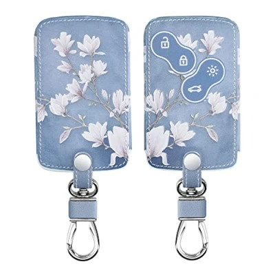 Afbeelding van kwmobile Autosleutel hoesje geschikt voor Renault 4 knops autosleutelkaart (alleen Keyless Go) behuizing Case in taupe / wit blauwgrijs Magnolia design