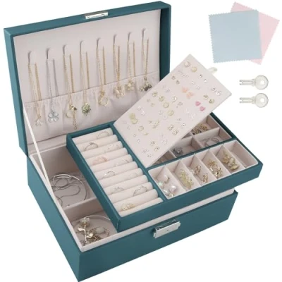 Afbeelding van TEIVUL Sieradendoos, 2 laags PU lederen sieradendoos organizer met sleutels, geschikt voor ringen, oorbellen, kettingen, armbanden, accessoires, sieradendoosje, geschenken vrouwen en meisjes