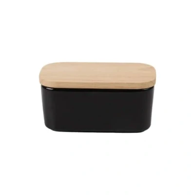 Afbeelding van Botervloot keramiek met houten deksel, porseleinen botervloot, deksel siliconen afdichtlip, multifunctionele boterschaal voor 250 g boter, 16,3 x 9,5 7,5 cm (zwart)
