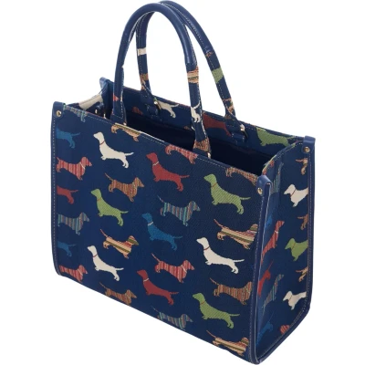 Afbeelding van Signare Luxe City Bag gobelinstof Dachshund Teckel Donker blauw