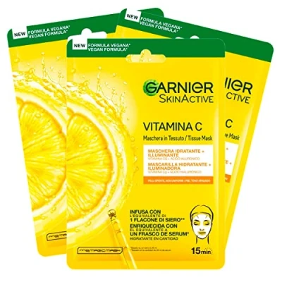 Afbeelding van Garnier SkinActive Hydraterend en Verhelderend Stoffen Wegwerpgelaatsmasker met Vitamine C Hyaluronzuur 3 Wegwerpmaskers