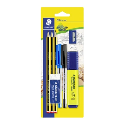 Afbeelding van Potlood Staedtler Noris HB blister à stuks met 2 balpennen, markeerstift, gum en slijper