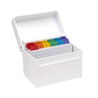 Afbeelding van OSCO Witte Hi Gloss Plastic Index Box Normaal A tot Z Divider Tabs 100 gelinieerde notitiekaarten inbegrepen (6&quot; X 4&quot;) Geregelde Revisie Flash Cards Recept Notities Kantoorcontacten