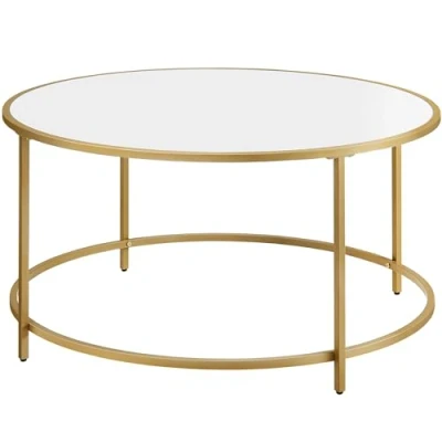 Afbeelding van VASAGLE ronde salontafel, woonkamertafel met houten plank en gouden stalen frame, eenvoudige montage, moderne stijl, goud wit LCT091A10