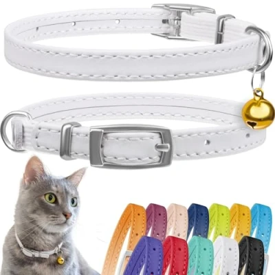 Afbeelding van CollarDirect Lederen kattenhalsband, veiligheidskraag voor katten met elastische band, kattenhalsband kat bel, zwart, blauw, rood, oranje, limoengroen (nekmaat 9&quot; 11&quot;, wit)
