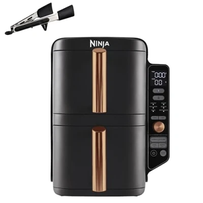 Afbeelding van Ninja Double Stack XL Airfryer, Verticale Friteuse met Dubbele Lades en 4 Bereidingsniveaus, 2 Lades, Rekken, Ruimtebesparend Ontwerp, 9,5 Liter Inhoud, 6 Functies, 8 Porties, Tang, SL400EUCP