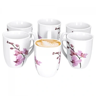 Afbeelding van Van Well Kyoto koffiemok, 6 delige set, 300 ml, 85 x mm, jumbomok, grote porseleinen mok XL, bloemendecoratie, orchidee, roze rood,