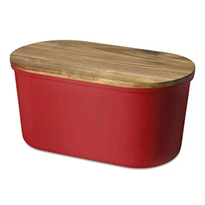 Afbeelding van ECHTWERK Broodtrommel &quot;FRESH&quot;, broodbox, ruimtebesparende opbergdoos, broodmand met deksel en snijplank van acaciahout, voor 1 kg brood, 37 cm x 22 17 cm, wit