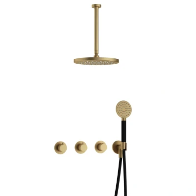 Afbeelding van Hotbath Cobber Regendoucheset IBS70 Geborsteld Messing Ronde handdouche 30cm Hoofddouche Plafondbuis Handouche met wandhouder