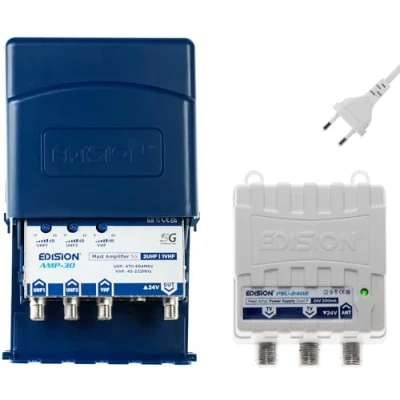 Afbeelding van EDISION MAK 300 antenneversterker 2UHF, 1VHF/FM, 17 32db, 107dBmV, 24V, voor digitaal terrestrisch DVB T/T2, met 5G LTE filter + voeding 24V 200mA F 2 uitgangen