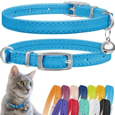 Afbeelding van CollarDirect Leren kattenhalsband, kattenveiligheidskraag met elastische riem, kittenhalsband voor kat bel Zwart Blauw Rood Oranje Limoengroen (Neck Fit 9&quot; 11&quot;, Lichtblauw)