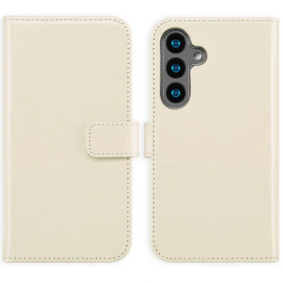 Afbeelding van Samsung Galaxy S24 Hoesje Echt leder Selencia Bookcase Beige Telefoonhoesje