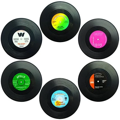 Afbeelding van Senhai set van 6 onderzetters, retro vinylplaten matten, placemats voor koude warme dranken, antislip tabletbescherming voorkomt wegglijden, 10,5 cm
