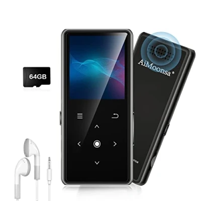 Afbeelding van 64 GB MP3 speler met Bluetooth 5.2, AiMoonsa muziekspeler ingebouwde HD luidspreker, FM radio, spraakrecorder, hifi geluid, e bookfunctie, oortelefoon inbegrepen