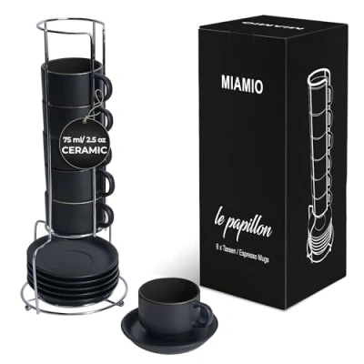 Afbeelding van MIAMIO 6 x 75 ml aardewerk espresso mok/mokken set zwarte buitenkant kleurrijke binnenkant (Zwart)