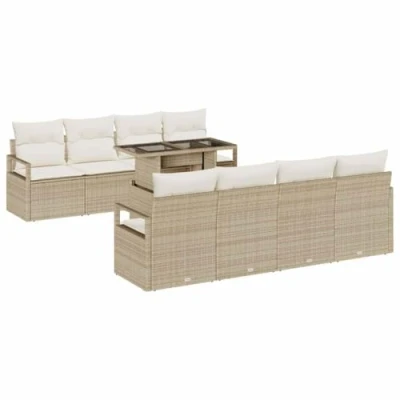 Afbeelding van vidaXL 9 delige Tuin Sofa Set met Kussens Beige Poly Riet