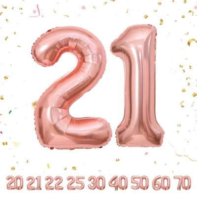 Afbeelding van Ballonnen verjaardag 21 jaar roségoud 101 cm verjaardagsdecoratie voor een man en vrouw opblaasbaar cijfer van folie beige