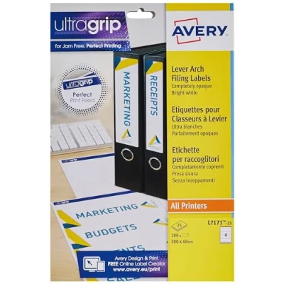 Afbeelding van Avery L7171 25 zelfklevende hendelboogvijllabels, 4 etiketten per A4 blad, 100 verpakking, wit