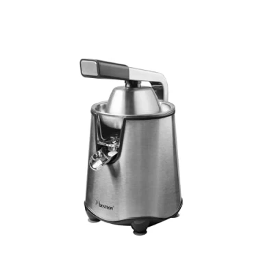 Afbeelding van Bestron elektrische Citruspers, Sinaasappelpers met druppelstop en roestvrijstalen pulpzeef, incl. 2 perskegels, 450ml capaciteit, soft press hendel voor eenvoudige bediening, kleur: Zilver