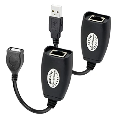 Afbeelding van GELRHONR 2 Pack USB 2.0 naar RJ45 verlengkabel adapter, over Cat5/Cat5e/Cat6 kabel voor printer muis toetsenbord zwart