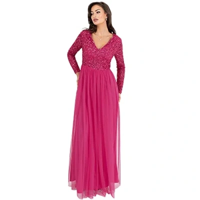Afbeelding van Maya Deluxe Damesjurk met mouwen voor bruiloftsgast, V hals, hoge empire taille, maxi, lange lengte, avondfeest, bruidsmeisje, gala, Fuchsia, 48