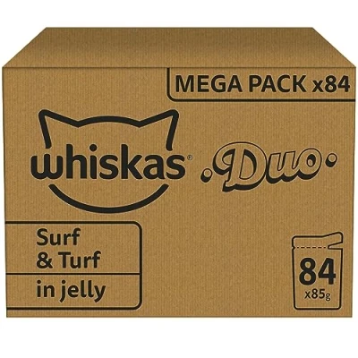 Afbeelding van Whiskas 1+ Natvoer Duo Surf &amp; Turf Selectie in gelei maaltijdzakjes 84 x 85g