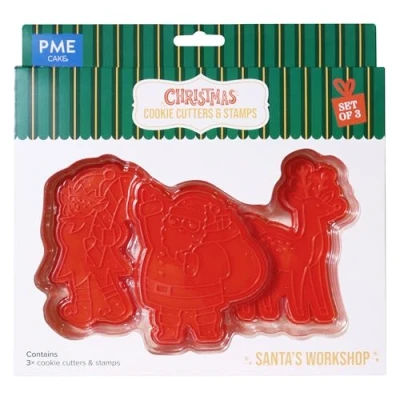 Afbeelding van PME CH24CCC098 Kerst Cookie Cutters &amp; Postzegels, Santa&#039;s Workshop (Set van 3), Plastic, Rood
