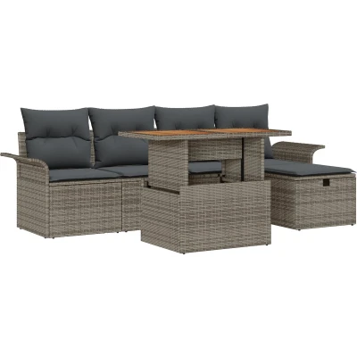 Afbeelding van vidaXL 6 delige tuinbank set met kussens grijs poly rattan, 2 zits opbergruimte &amp; rattan