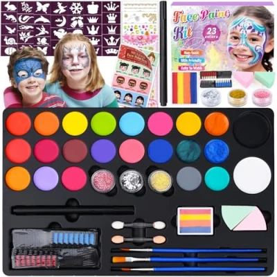 Afbeelding van KIMIGO Schminkset voor Kinderen,23 Kleuren Schmink Kinderen,Gezichtsverf Bodypaint met 33 Tattoo Sjablonen,Bodypaint Kinderen en Volwassenen Halloween,Kerstmis,Make Up,Carnaval