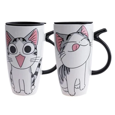 Afbeelding van lachineuse Set van 2 Kawaii Gourmand kattenbekers 600 ml Grote XXL witte mokken porselein Japanse thee en koffie met geïsoleerd deksel Lucky Cat Cadeau idee Japan Azië mok