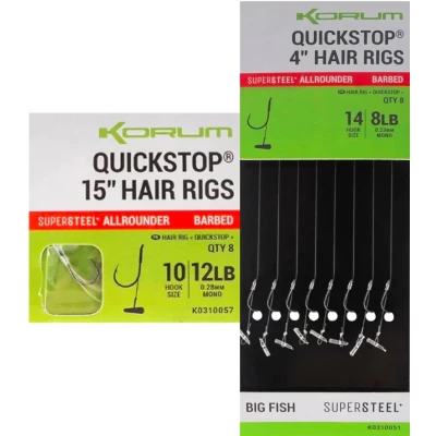 Afbeelding van Korum Supersteel Allrounder Big Fish Quickstop Hair Rigs 4&quot; Barbed (8 pcs) Maat : Haak 12 0.26mm