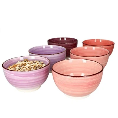 Afbeelding van MamboCat, set van 6 muesli schalen, lila, robuuste aardewerkkommen voor personen, x kom met moderne strudeldecoratie in leuke paarse tinten, mueslikom 600 ml, stuks