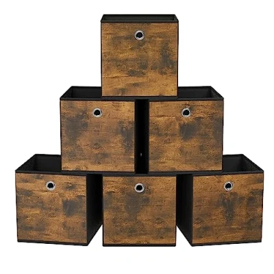 Afbeelding van SONGMICS opbergdoos, set van 6, organisatiedozen, vliesstof, vouwdoos, 33 x cm, stoffen doos, voor kubusplank, organizer kleding, vintage bruinzwart RFB133B01