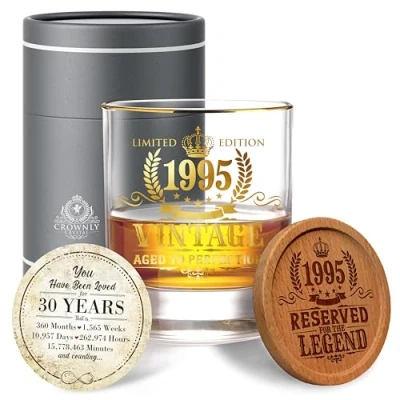 Afbeelding van CROWNLY CRYSTAL® 1995 Verjaardag 30 Jaar Cadeaus Voor Mannen Whiskyglazen Gepersonaliseerde Decoratie 30e Man Verjaardagscadeau Cadeau ideeën Broer