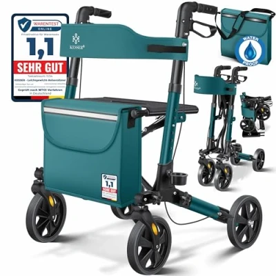Afbeelding van KESSER® Rollator Lichtgewicht Aluminium Rollatorset driemaal opvouwbaar met Zitfunctie voor Binnen en Buiten looprek in hoogte verstelbaar inclusief Tas, Stokhouder Rugband, Petrol