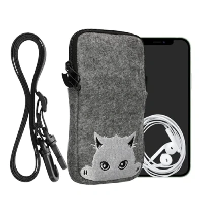 Afbeelding van kwmobile Tasje voor smartphones L 6,5&quot; Hoesje van vilt in grijs / wit Phone case met nekkoord design