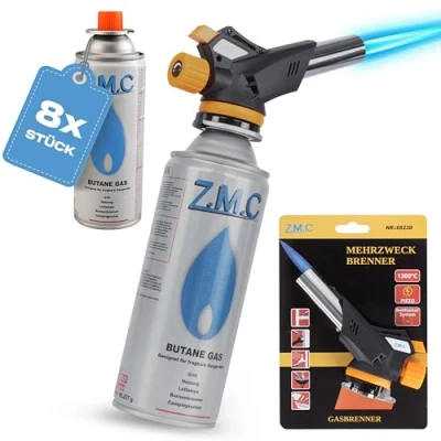 Afbeelding van Z.M.C Gasbrander 1,3 kW + 8 x gaspatronen 227 g, flambeerbrander tot 1300 C, bunsenbrander, soldeerbrander met piëzo ontsteking, keukenbrander instelbare vlam, temperatuur van C