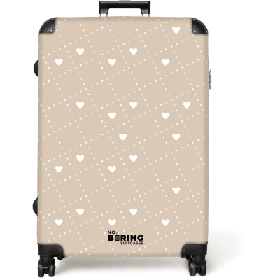 Afbeelding van NoBoringSuitcases.com® Koffer groot Reiskoffer lichtgewicht Beige achtergrond met witte hartjes Rolkoffer 4 wielen Grote trolley XL 98 liter bagage