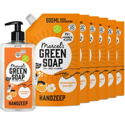 Afbeelding van Marcel&#039;s Green Soap Handzeep Sinaasappel&amp;Jasmijn 500 ml + 6 Navullingen Pakket